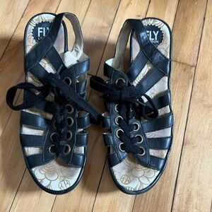 Fly London Yito lace up black leather platform sandals